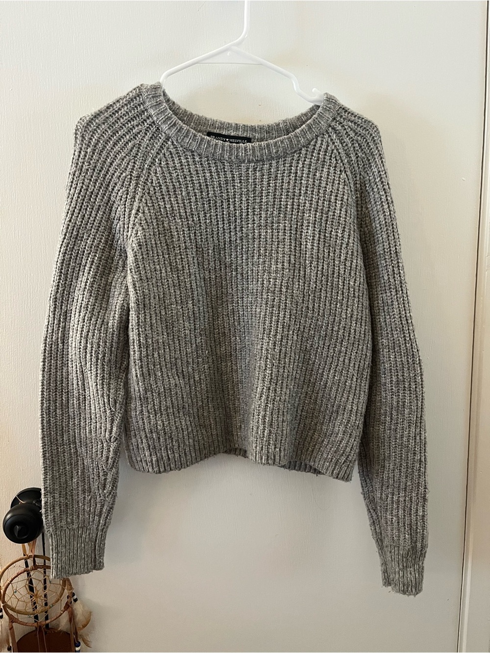 Brandy Melville Grey Ribbed Knit Crewneck Sweater One Size Cropped Cozy